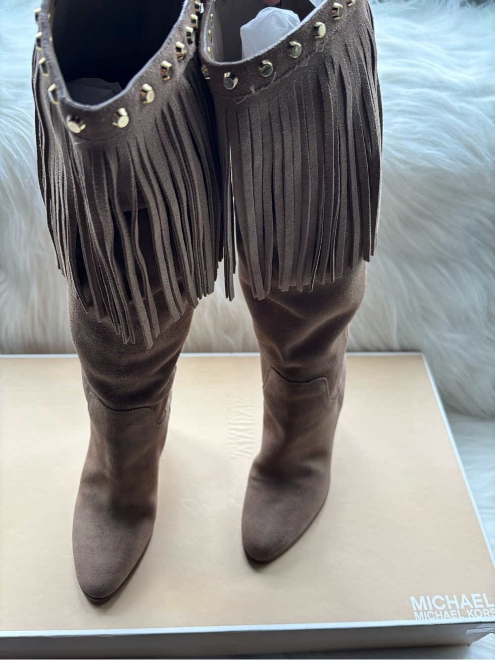 MICHAEL KORS “BILLY BOOTS”  KHAKI SUEDE KNEE HIGH WESTERN BOOT SIZE 7 M $160.00